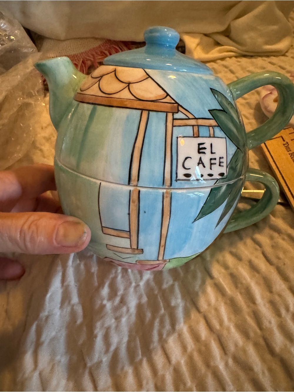 El Cafe Hand-Painted Blue Ceramic Teapot Set
